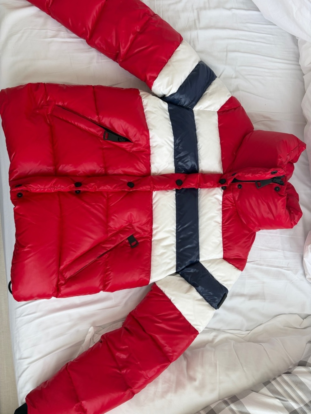 SAM. Red Puffer Jacket with Black Trim